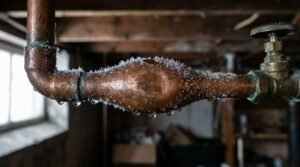 A dangerously bulging, frost-covered copper plumbing pipe near a shut-off valve, showing signs of severe freezing and ice crystal formation in a basement or crawlspace.