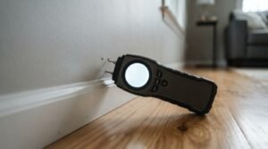 Pin-type digital moisture meter inserted into a residential drywall baseboard for leak detection and water damage assessment during a home inspection.