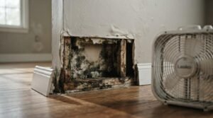 Close-up photograph of a cutaway wall section revealing extensive hidden black mold growth on framing studs and sub-flooring behind bubbled drywall, with a white Lasko box fan on a hardwood floor in the foreground.