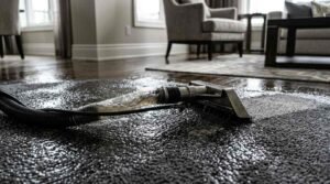 Close-up photograph of a professional hot water extraction wand removing standing water and moisture from a soaked grey carpet in a residential living room, highlighting emergency flood mitigation and structural drying services.