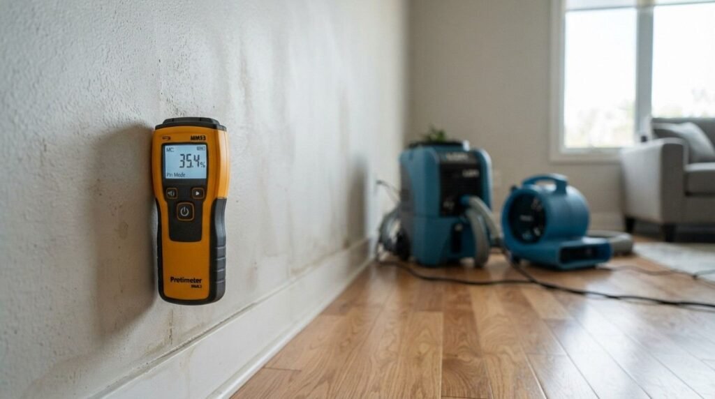 A yellow digital moisture meter displaying a high reading of 35.4% on a damp interior drywall surface, with commercial water damage restoration air movers and dehumidifiers operating in the background.