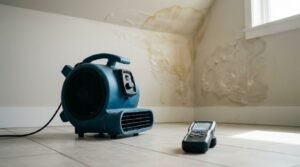 Blue industrial air mover and a digital moisture meter placed on a tiled floor inside a room with severe water stains, peeling paint, and dampness on the drywall ceiling and walls.