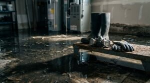 Protective gear including rubber boots, a respirator mask, and heavy gloves placed on a bench in a severely flooded basement with standing water and debris.