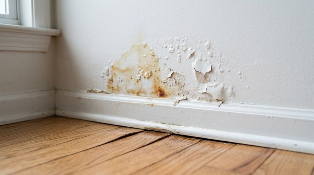 Severe water damage on a residential interior drywall featuring bubbling paint, water stains, mold growth, peeling wallpaper, and warped hardwood flooring near a baseboard and window corner.