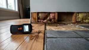 Close-up photograph of a digital moisture meter resting on a water-damaged hardwood floor next to exposed subflooring, wall studs, and insulation, highlighting structural water damage assessment and restoration diagnostics.