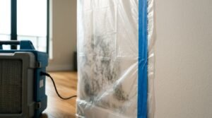 Close-up photograph of a professional mold remediation containment barrier made of plastic sheeting sealed with blue tape over a mold-damaged wall, with an industrial air scrubber operating nearby on a hardwood floor.