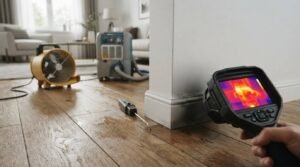 Close-up photograph of a hand holding a thermal imaging camera scanning a damp hardwood floor and water-stained baseboard, with commercial drying equipment and an air mover in the background.