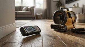 Digital moisture meter resting on a hardwood floor alongside a yellow industrial air mover fan during a residential water damage restoration and drying process.