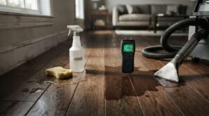 Close-up photograph of a cleaning sponge, a spray bottle labeled "CLEANER," a digital moisture meter testing a wet spot, and a carpet extractor vacuum wand on a dark hardwood floor in a living room.
