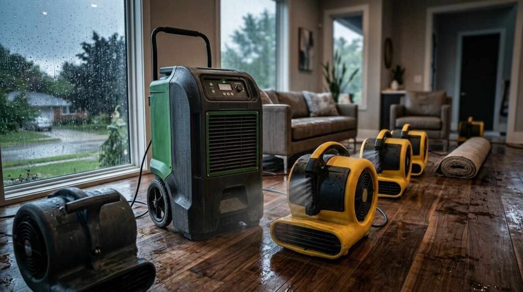 Photograph of commercial water damage restoration equipment—including an industrial dehumidifier and multiple yellow and black air movers—operating on a wet hardwood floor in a residential living room during a storm, highlighting professional structural drying and flood mitigation services.