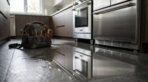 Photograph of a professional tool bag resting on a tiled kitchen floor next to a standing water puddle and stainless steel appliances, highlighting emergency plumbing repairs and water damage restoration services.