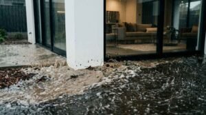 Heavy stormwater and muddy floodwaters rising and splashing against the exterior glass sliding doors and white wall of a modern residential home.
