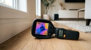 Close-up photograph of a thermal imaging camera displaying a cold moisture anomaly and a digital moisture meter resting on a residential hardwood floor, highlighting professional water damage diagnostics and leak detection inspection.