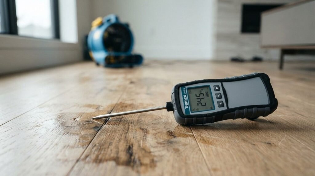 A Tramex digital moisture meter with a probe resting on a damp, water-damaged hardwood floor, showing a reading of 24.5%, with a blue air mover blower operating in the background.