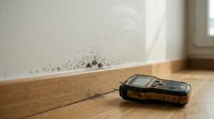 Black mold growth spreading across a white interior drywall surface above a wooden baseboard, accompanied by a digital moisture meter resting on the hardwood floor.