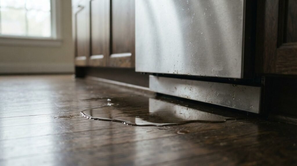 Close-up photograph of a water leak pooling on a dark hardwood kitchen floor directly beneath a stainless steel appliance, highlighting domestic water damage and plumbing overflow issues.
