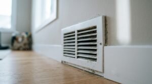 Close-up of mildew and mold growth spotting a white HVAC register air vent and baseboard in a residential interior with excess humidity issues.