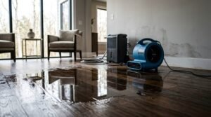 Photograph of standing water pooling on a dark hardwood floor in front of a stained drywall wall, with an industrial dehumidifier and a blue air mover operating nearby to handle emergency flood cleanup and structural drying.