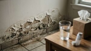 Severe mold growth and peeling paint on a water-damaged residential drywall surface near a tiled floor, indicating moisture issues and the need for professional remediation.