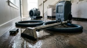 Professional water extraction and flood restoration equipment, including a wet vacuum wand, air mover, dehumidifier, and a moisture meter, deployed on a flooded wooden floor inside a home.