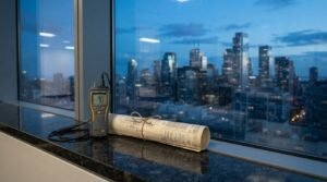 A digital moisture meter and a rolled architectural blueprint tied with twine resting on a dark marble windowsill of a high-rise building overlooking a city skyline at dusk.
