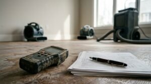 Digital moisture meter and inspection paperwork with a pen resting on a damaged wooden floor during a water damage restoration project with air movers in the background.