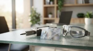 Sleek silver smart identification card with an embedded microchip, resting on a glass office desk alongside safety goggles, a diagnostic tool, and a laptop in the background.