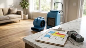 Photograph of a clipboard with a colored moisture mapping diagram and a digital moisture meter resting on a white marble countertop, with a blue industrial dehumidifier and air mover operating in the background of a residential living room, highlighting professional water damage inspection and restoration services.