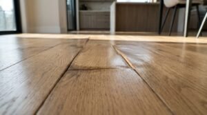 Close-up of water-damaged and buckled hardwood oak flooring showing warped planks, raised edges, and moisture expansion in a modern residential interior.