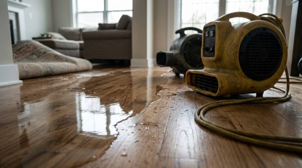 Industrial air movers and commercial floor dryers operating on a standing water-damaged hardwood floor inside a living room with rolled-up rugs during water damage restoration and cleanup.