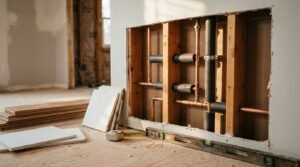 Newly installed copper plumbing pipes with foam pipe insulation fitted inside an open residential wall framing cavity, with drywall panels and a level on the floor during home renovation.