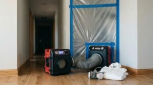 Photograph of a professional mold containment barrier made of plastic sheeting and blue tape in a residential hallway, equipped with an industrial air scrubber connected via ducting, along with a respirator mask and protective suit on the hardwood floor.