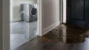 Split-view interior photograph showing an active water leak spraying from a washing machine hose on the left and muddy flood water intruding across an entryway threshold on the right.