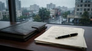 Close-up photograph of an 'Insurance Policy Agreement' document stack with a black pen on a dark wooden desk next to a leather binder, with a rain-streaked city window view in the background.