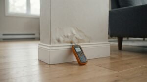 Close-up photograph of an orange digital moisture meter with dual pins testing a bubbling water-damaged drywall stain and baseboard in a residential interior.