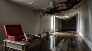 Severe water damage in a residential hallway featuring a collapsed drywall ceiling, exposed joists, standing water on warped wood floors, and diagnostic tools on a crate.