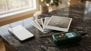Close-up photograph of a green digital moisture meter showing a reading alongside a smartphone and a stack of printed water-droplet photos on a dark granite countertop.