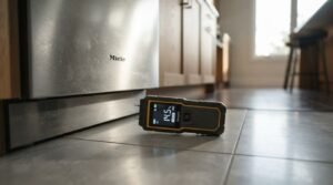 Close-up photograph of a digital moisture meter resting on a tiled kitchen floor next to a Miele dishwasher, displaying a moisture reading for water damage assessment and restoration diagnostics.