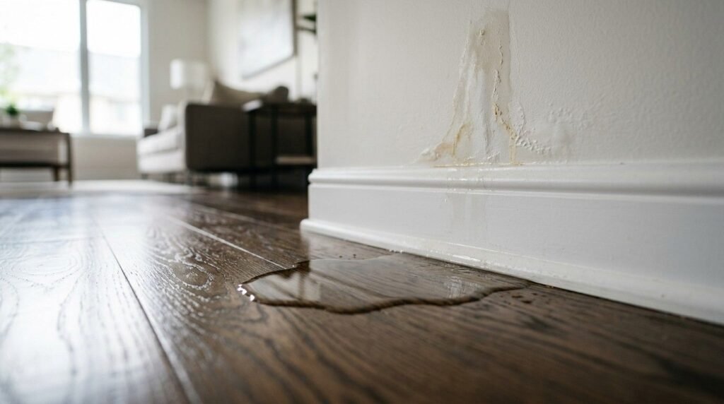 Close-up photograph of water pooling on a dark hardwood floor and seeping from a wet drywall baseboard, highlighting residential plumbing leaks and structural water damage restoration needs.