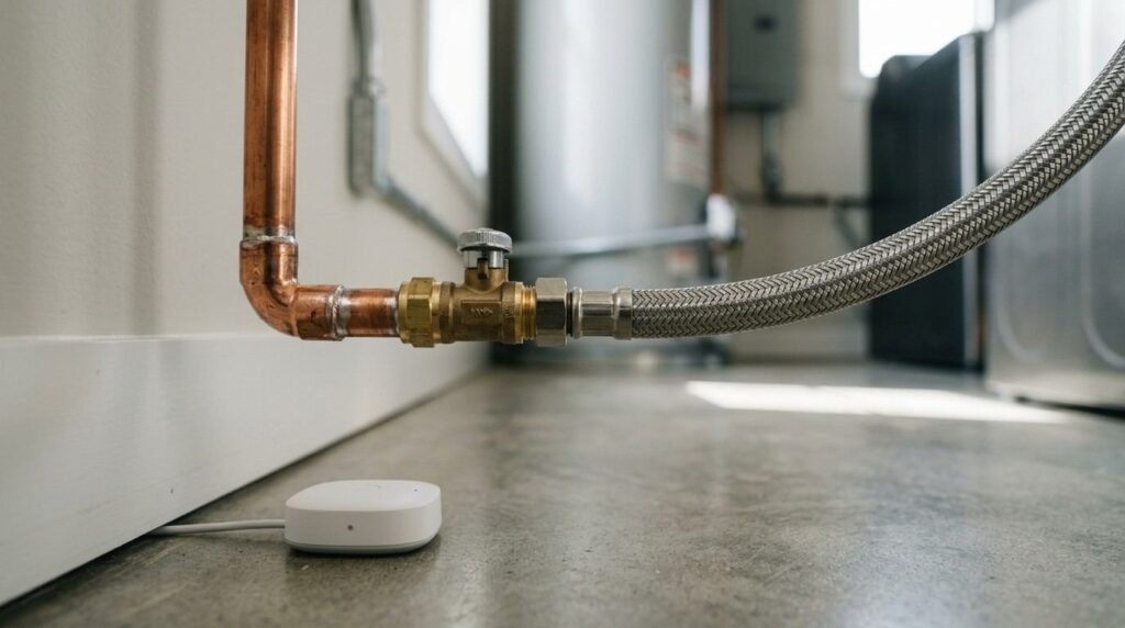 Copper water supply pipe connected to a braided stainless steel hose with a brass shut-off valve and a smart leak detection sensor on the floor near the baseboard.