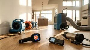 Professional water damage restoration setup featuring a thermal imaging camera, digital moisture meter, industrial air movers, and a commercial dehumidifier deployed on hardwood flooring in a modern home.