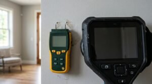 Close-up photograph of a yellow and green pin-type digital moisture meter pressed into a residential drywall wall alongside a thermal imaging camera, highlighting professional water damage diagnostics and leak detection inspection.
