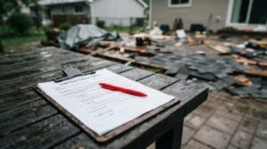 A clipboard holding a "Construction Agreement" document with a red pen resting on top, placed on a weathered outdoor wooden table at a residential home renovation and demolition job site.