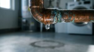 Water droplet hanging from a cracked and corroded copper pipe joint with a damp spot on the concrete floor below.