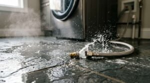 Water spraying from a detached braided stainless-steel supply hose onto a tiled laundry room floor near a washing machine.