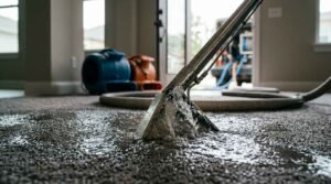 Professional water extraction wand pulling water from a flooded, soaked carpet inside a home during flood restoration, with air movers visible in the background.