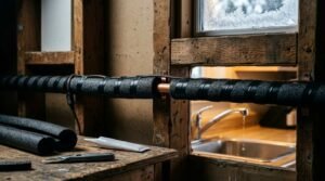 Pipe insulation and heat tape secured with ties around a copper water line to prevent freezing, with a utility knife, sealant, and a frosty window overlooking a kitchen sink in the background.