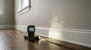 Digital moisture meter displaying high humidity levels alongside a flashlight on a hardwood floor next to bubbling and water-damaged drywall.