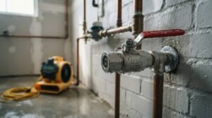 Close-up photograph of a main water shutoff valve with a red handle and water droplets on copper pipes in a utility basement next to an air mover drying fan.