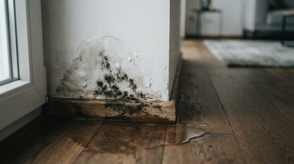 Severe water damage and mold growth on a residential interior drywall corner, bubbling paint, and damaged baseboard near a pool of water on a hardwood floor.